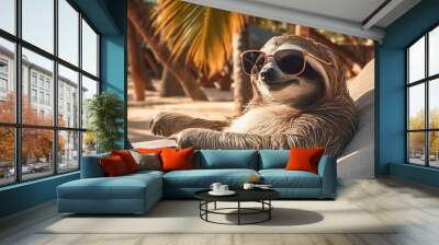 Sloth freelancer working at tropical beach. AI generative image. Wall mural