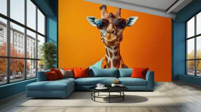 Stylish portrait of dressed up imposing anthropomorphic giraffe wearing glasses and suit on vibrant orange background with copy space. Funny pop art illustration. AI generative image. Wall mural