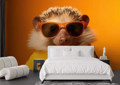 Stylish portrait of dressed up imposing anthropomorphic handsome hedgehog wearing glasses and suit on vibrant orange background with copy space. Funny illustration. Wall mural