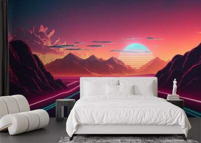 Trendy neon synth wave background with sunset sky, road and mountains, retro abstract background. Retro wave scene. AI generative image. Wall mural