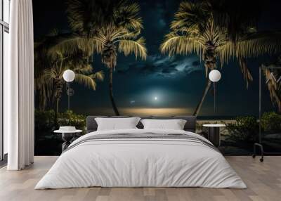 Tropical night summer beach, stunning seascape scene with starry sky, ocean and palm trees. Sea shore outdoor background. Vacation travel destinations. AI generative image. Wall mural