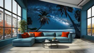 Tropical night summer beach, stunning seascape scene with starry sky, ocean and palm trees. Sea shore outdoor background. Vacation travel destinations. AI generative image. Wall mural