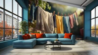 Washed clothes on clothesline drying on rope outside. Outdoor background. AI generative image. Wall mural