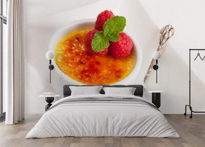 Creme brulee Dessert wih fruits and mint leaves Wall mural