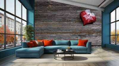 Cute  single red heart on rustic wooden background with free space Wall mural