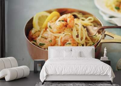 Homecooked Shrimp Scampi with Spaghetti pasta and lemon Wall mural