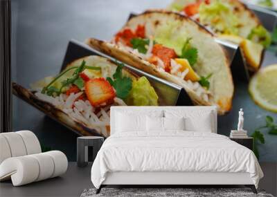 Homemade Chicken Tikka Tacos served in a metal Taco stand, selective focus Wall mural