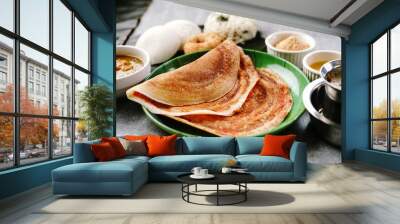 South Indian vegetarian breakfast idli karam podi dosa sambar chutney powder ghee and filter coffee Wall mural