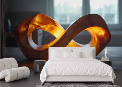  Wooden infinity symbol sculpture, illuminated by warm light. Wall mural