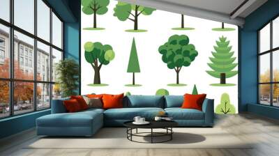 Cartoon trees set isolated on a white background. Simple modern style. Cute green plants, forest, vector flat Wall mural