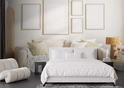 Gallery wall mockup in cozy living room interior, frame mockup, 3d render Wall mural