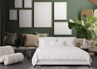 Gallery wall mockup in cozy living room interior, frame mockup, 3d render Wall mural