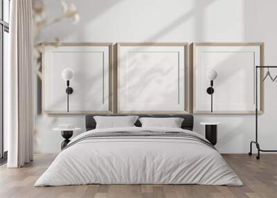 three square frames on the wall, boho interior mockup Wall mural