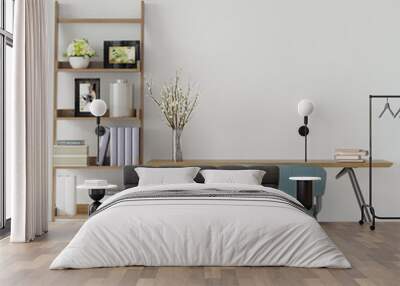 interior of a room with study desk, blue chair and wooden shelf, 3d render Wall mural