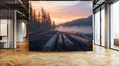 A logging scene at sunrise, with fog hovering over the forest and freshly cut trees lying on the ground Wall mural