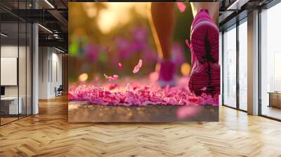 A close-up of a runner's foot stepping onto a vibrant path decorated with pink petals in a sunny outdoor setting. Breast Cancer, Breast Cancer Awareness Wall mural