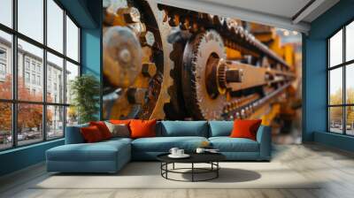 A close-up on the gears of heavy machinery at work in a steel manufacturing facility, highlighting technology and strength2 Wall mural