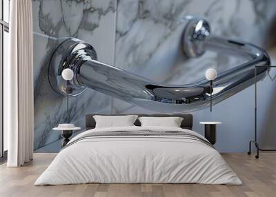 A close-up view of a shiny chrome grab bar installed on a bathroom wall with marble tiles Wall mural