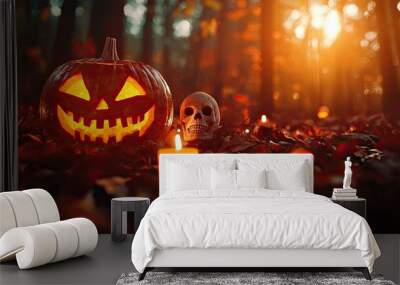 A glowing Halloween pumpkin surrounded by leaves, a skull, and candles, creating an eerie autumn atmosphere. Wall mural