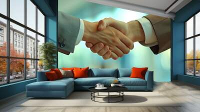 A high-resolution image capturing a professional business handshake between two individuals, symbolizing agreement and partnership in a modern office setting Wall mural