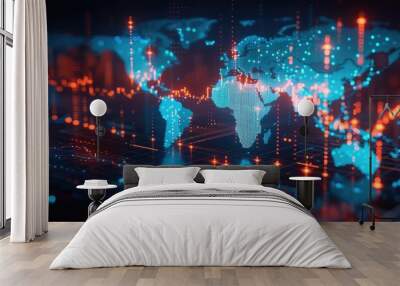 A world map overlaid with stock market charts from different countries, highlighting global market trends Wall mural