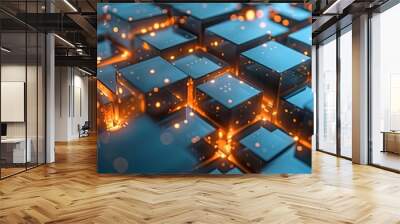 Abstract network of glowing cubes creating a futuristic pattern Wall mural