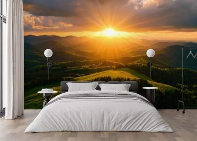 Breathtaking sunrise over rolling hills and green landscape, capturing the beauty of nature and tranquility in the early morning light. Wall mural