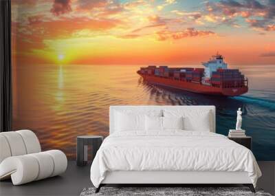 Cargo ship at sea during a breathtaking sunset Wall mural