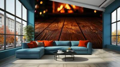 Christmas Background, Warm wooden floor with fireplace and Christmas lights ambiance. Wall mural