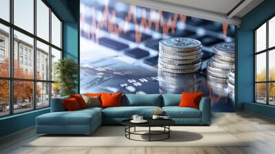 Close-up of stacked coins on a laptop with financial graphs, representing economic growth and digital currency investment. Wall mural