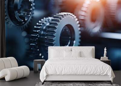 Close-up view of metallic gears highlighting intricate details and mechanical precision in industrial machinery. Wall mural