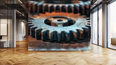 Detailed view of vintage gears and cogs mechanism in a rustic setting Wall mural