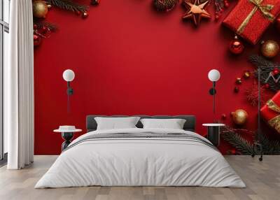 Festive Christmas background with gifts, ornaments, and greenery on red surface. Wall mural