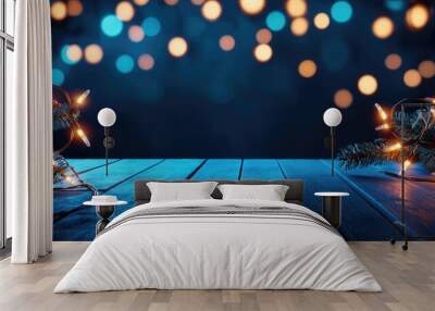 Festive holiday backdrop featuring shimmering lights and wooden surface, ideal for seasonal celebrations and joyful occasions. Wall mural