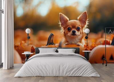 Halloween Background, Cute Chihuahua among pumpkins on a sunny autumn day, vibrant fall colors. Wall mural