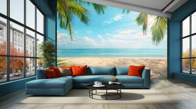 Summers Paradise A blurred background of a beautiful sandy beach with palm trees and a blue sky, a perfect summer vacation concept banner Wall mural