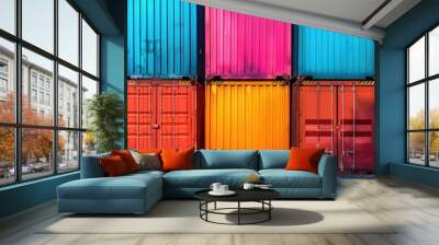 Vibrant stacked cargo containers, symbolizing global trade efficiency Wall mural