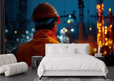 Worker in safety gear observing construction site at night. Wall mural