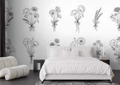 Wildflower line art bouquets set. Hand drawn flowers, meadow herbs, wild plants, botanical elements for design projects. Vector illustration. Wall mural