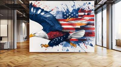 illustration of a bald eagle in a watercolor style that mixes American patriotic colors: blue, red and white. Wall mural