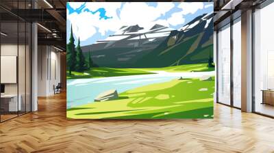 Landscape with mountains, river and spruce forests. Vector illustration Wall mural