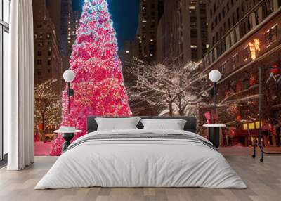 christmas tree at New York city night with pink lights Wall mural