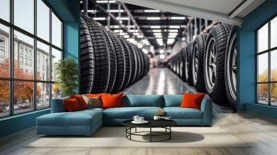 Car tires in a warehouse, close-up. Auto service industry Wall mural