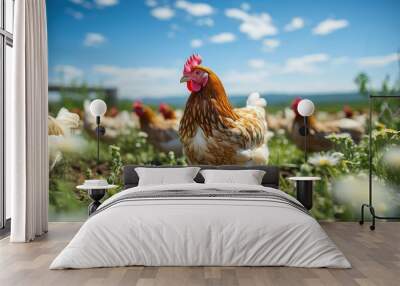 Chicken farm with green grass and clear sky Wall mural