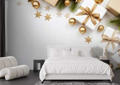 Christmas and New Year background. Gift boxes, golden balls and confetti on white background. Flat lay, top view, copy space. Wall mural