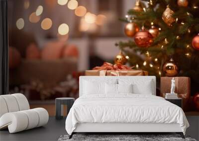 Christmas gift boxes with blurred Christmas tree in background Wall mural