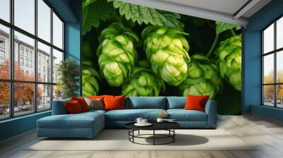 Green hop cones in a lush garden setting Wall mural