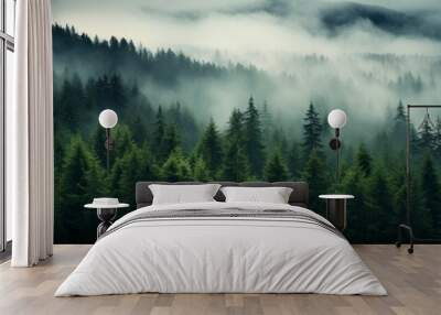 Panoramic view of foggy forest in the mountains at sunrise Wall mural