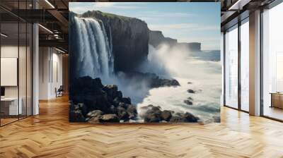 Panoramic view of waterfall on a high cliff overlooking the ocean Wall mural