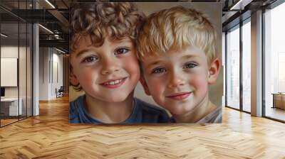 Portrait of two smiling little boys looking at camera, closeup Wall mural